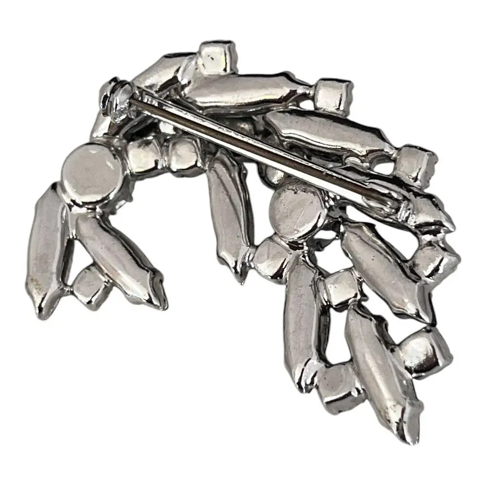 Vintage 1960s Rhinestone Brooch Blue Navette Aurora Borealis Silver Tone Pin- 8T